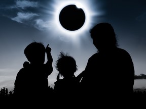 Silhouette back view of mother and children sitting together, watching to solar eclipse