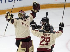 Montreal goalie Ann-Renée Desbiens celebrates with teammates Kati Tabin and forward Marie-Philip Poulin at the end of third-period PWHL action against Ottawa on Saturday, April 27, 2024 in Ottawa.