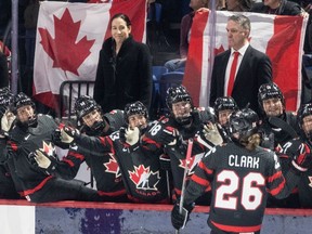 Canada's Emily Clark (26) celebrates her goal over Czechia