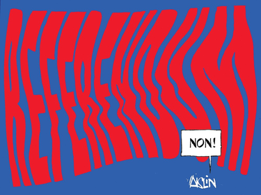 A cartoon of the word referendum with a speech bubble saying "Non!" coming out of Aislin, the cartoonist's, signature