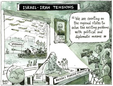 Cartoon of a Russian foreign ministry official addressing reporters on Israel-Iran tensions as missiles are fired toward Ukraine in the background. "We are counting on the regional states to solve the existing problems with political and diplomatic means," he says.