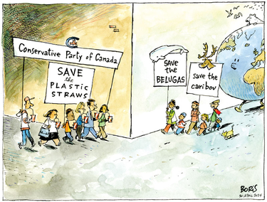 Cartoon of a group of Conservative Party of Canada protesters carrying a "Save the plastic straws" banner running into a group with signs saying "Save the Belugas" and "Save the caribou." A mascot of Earth is behind them.
