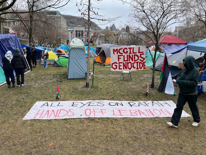  Students at a protest encampment in solidarity with Palestinians at McGill University in Montreal on April 28, 2024.