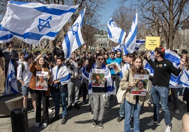 Students gather at the end of a vigil at McGill University on Tuesday, April 9, 2024 to demand the release of the Israeli hostages held by Hamas in Gaza.