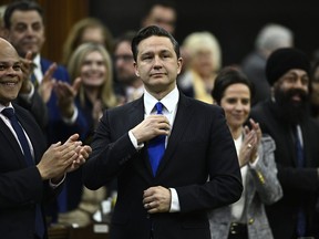 Conservative Leader Pierre Poilievre rises during question period in the House of Commons on Parliament Hill in Ottawa, Wednesday, April 10, 2024.
