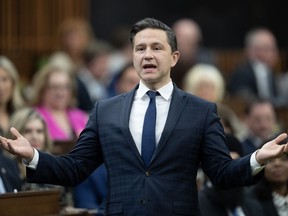 Conservative Leader Pierre Poilievre rises during question period, Tuesday, April 16, 2024 in Ottawa.