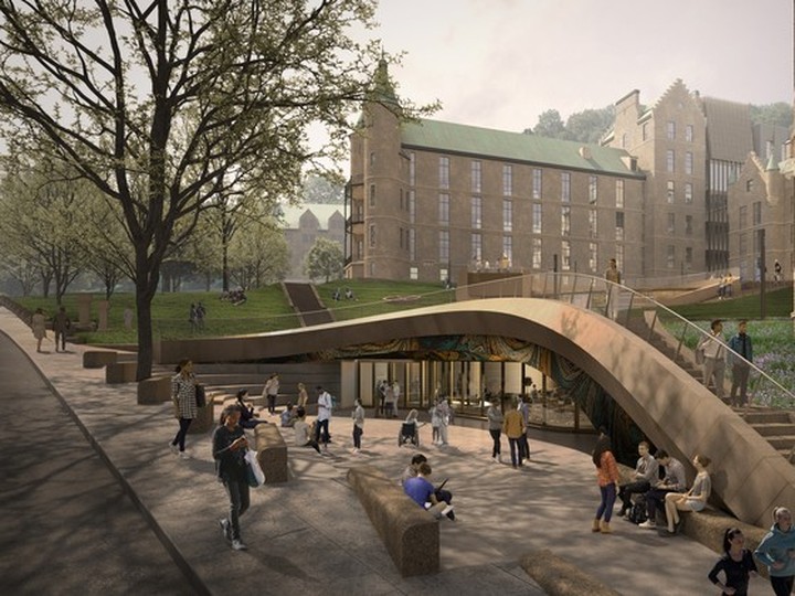  Artist rendering shows an entrance to McGill’s New Vic complex near des Pins Ave. and University St. Limestone from demolished buildings will be reused elsewhere in the project.