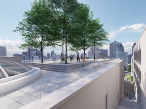 Artist rendering shows a rooftop lookout over downtown Montreal