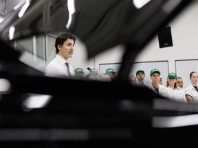 Prime Minister Justin Trudeau speaks during a tour of a Honda Manufacturing Plant in Alliston, Ont., Wednesday, April 5, 2023.