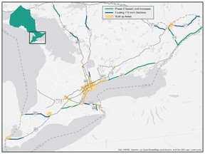 A map of southern Ontario shows green lines along parts of Highways 401, 403 and 416, and blue lines along Highways 417 and parts of highways 11, 17, 400 and the QEW