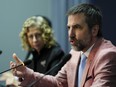 Minister of Environment and Climate Change Steven Guilbeault speaks as Inger Andersen, executive director, United Nations Environment Programme, looks on during a press conference in the fourth session of the Intergovernmental Negotiating Committee (INC-4) in Ottawa on Monday, April 22, 2024.