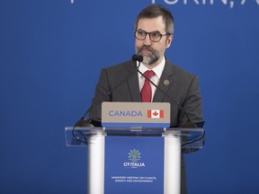 Environment Minister Steven Guilbeault speaks during the G7 Climate, energy and environment press conference at Venaria Reale in Turin, Italy, Tuesday April 30, 2024.