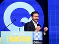 Parti Quebecois Leader Paul St-Pierre Plamondon speaks at the opening of a Parti Quebecois national council meeting, Saturday, April 13, 2024 in Drummondville, Quebec.