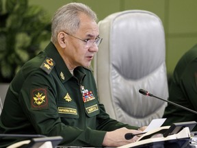 In this photo released by the Russian Defense Ministry Press Service on Tuesday, April 2, 2024, Russian Defense Minister Sergei Shoigu leads a meeting with the leadership of the Armed Forces at the National Defense Control Center in Moscow, Russia.
