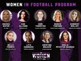 Headshots of nine women in a CFL-produced graphic showing women in football