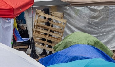 A pro-Palestinian demonstrator carries pallets through the encampment on the campus of McGill University in Montreal on Thursday, May 2, 2024.