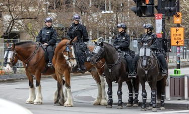 Montreal mounted police get in place across from McGill University's Roddick Gates ahead of a pro-Israel counter-demonstration near the pro-Palestinian encampment on the campus in Montreal on Thursday, May 2, 2024.