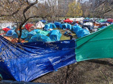 Two large tarps tied to trees block the view of an encampment