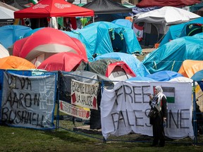 Tents are visible behind a fence with banners including 'Viva Aaron Bushnell' and "Free Palestine'