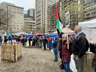 McGill University encampment members lined up along the perimeter and chanted slogans on Thursday, May 2, 2024.