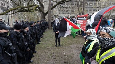 Police officers in tactical gear line up facing pro-Palestinian protesters on the grass