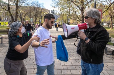 Cuban-born Cesar Reynel Aguilera showed up at the protest camp's press conference at McGill University in Montreal on Monday May 6, 2024 with a bull horn and spoke before being escorted from the university grounds.