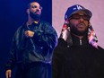 Splitscreen of Drake and Kendrick Lamar