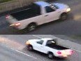 Blurry images show a white pickup truck with a black bed driving along a highway
