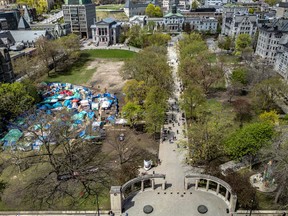 An aerial view of the pro-Palestinian camp on the McGill University campus in downtown Montreal.