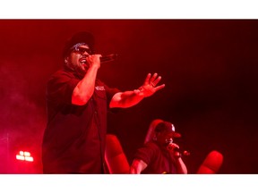 Rapper Ice Cube, wearing the sunglasses, performs at Place Bell in Laval on Friday, May 10, 2024.