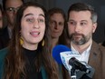Quebec Solidaire co-spokes people Gabriel Nadeau-Dubois and Emilise Lessard-Therrien speak to the media after the party's caucus meeting Thursday, January 25, 2024 in Laval, Que