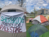 Side-by-side pictures of tents on a university campus, one of which has a "Sherbrooke students for Palestine" sign outside a tent