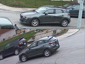 Surveillance images of a grey car
