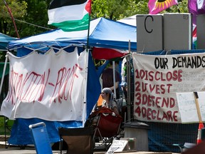 Overview of a pro-Palestinian encampment with tents and protest signs.