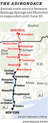 A map shows the Amtrak Adirondack line between New York and Montreal, with no service north of Saratoga Springs
