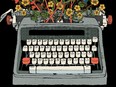 An illustration shows flowers blooming from a manual typewriter.