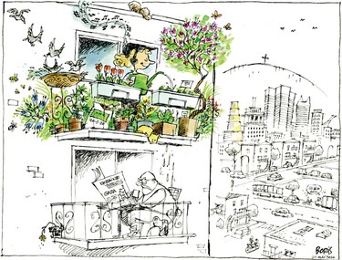 A cartoon depicts a woman smiling as she waters plants and birds fly around her balcony, all in colour. Below her, a man scowls as he looks up at her unit and reads a newspaper with the words Ukraine and Gaza visible on the front page, all in black and white.