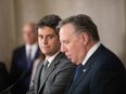 French Prime Minister Gabriel Attal and Quebec Prime Minister Francois Legault hold a joint press conference in Quebec City, Canada, on April 12, 2024.