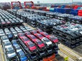This photo taken on Sept. 11, 2023, shows BYD electric cars waiting to be loaded onto a ship at the international container terminal of Taicang Port at Suzhou Port, in China's eastern Jiangsu Province.