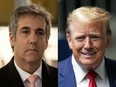 This combination of pictures created on May 13, 2024 shows former Donald Trump attorney Michael Cohen on March 15, 2023 in New York and former U.S. president Donald Trump in New York City, on May 10, 2024.