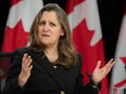 Deputy Prime Minister and Minister of Finance Chrystia Freeland responds to a question during a news conference, in Ottawa, Wednesday, May 1, 2024.