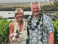 Former Canadien Chris Nilan, right, and his longtime girlfriend Jaime Holtz are seen wearing leis and sporting big smiles after getting married in Hawaii on Thursday.