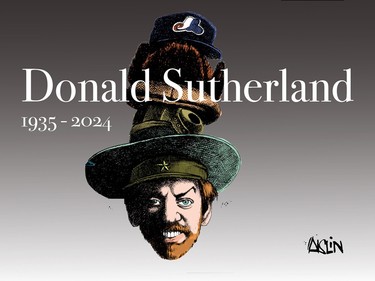 Editorial cartoon shows Donald Sutherland 1935-2024, wearing many hats
