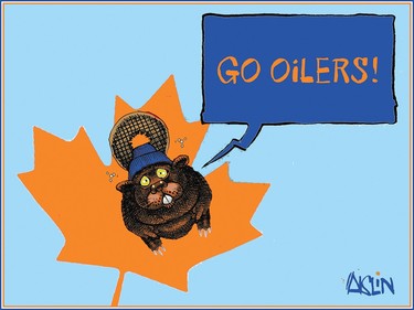 A beaver on an orange maple leaf is saying Go Oilers!