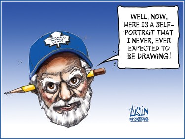 Cartoon of Terry (Aislin) Mosher wearing a Blue Jays ballcap. A speech bubble says, Here is a self-portrait that I never ever expected to be drawing
