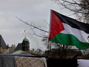 A Palestinian flag is seen waving in the foreground as the roof of a building with a McGill flag is pictured behind an encampment