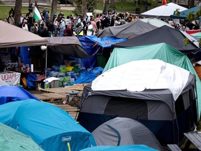 The pro-Palestinian encampment on McGill's lower field has grown slightly in size as seen on Saturday, May 4, 2024.