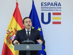 Spain's Foreign Minister Jose Manuel Albares Bueno addresses a media conference prior to talks on the Middle East in Brussels, Monday, May 27, 2024.