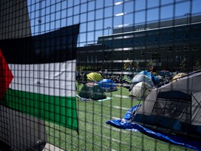People take over a field with tents during a student encampment for Palestine at the University of British Columbia campus in Vancouver, Monday, April 29, 2024.