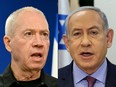 Israeli Defence Minister Yoav Gallant, left, during a press conference in Tel Aviv on Dec. 18, 2023 and Prime Minister Benjamin Netanyahu addressing a cabinet meeting at the Israeli Ministry of Defence in Tel Aviv on Dec. 31, 2023.